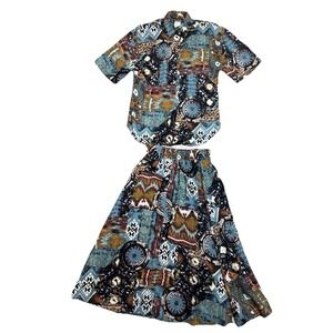 Vintage 2 Pc Southwest Mid Length Dress Shirt Skirt Caliche Western Aztec Small